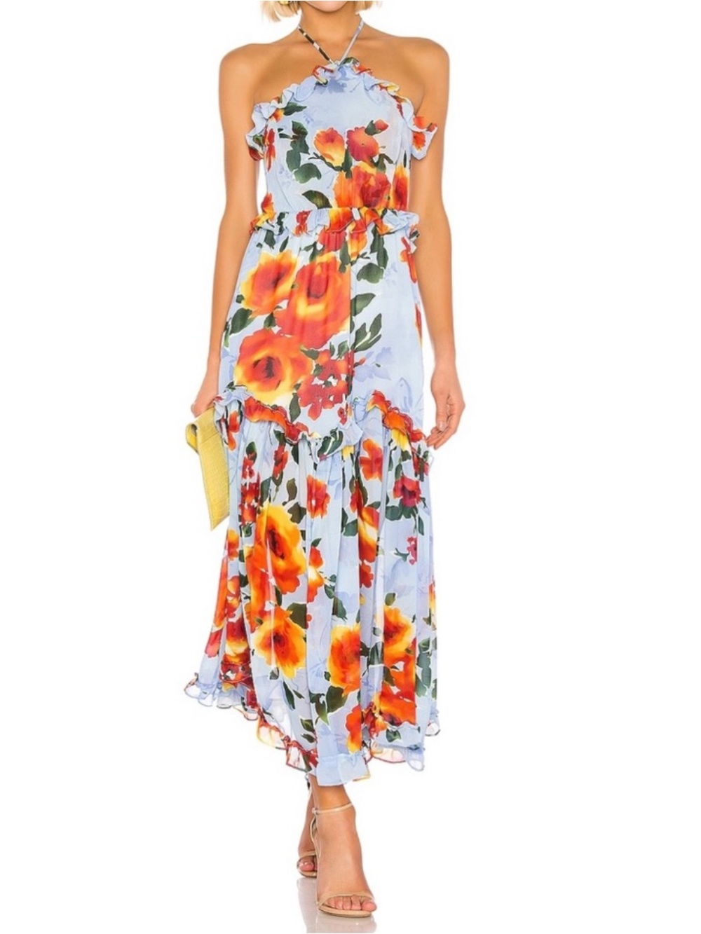 Misa Los Angeles Dallin Dress | Blue Halter Maxi Dress with Floral Print, XS